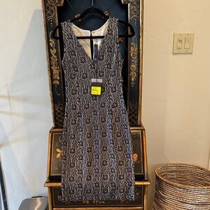 St. John Black and Gray Patterned Midi Dress